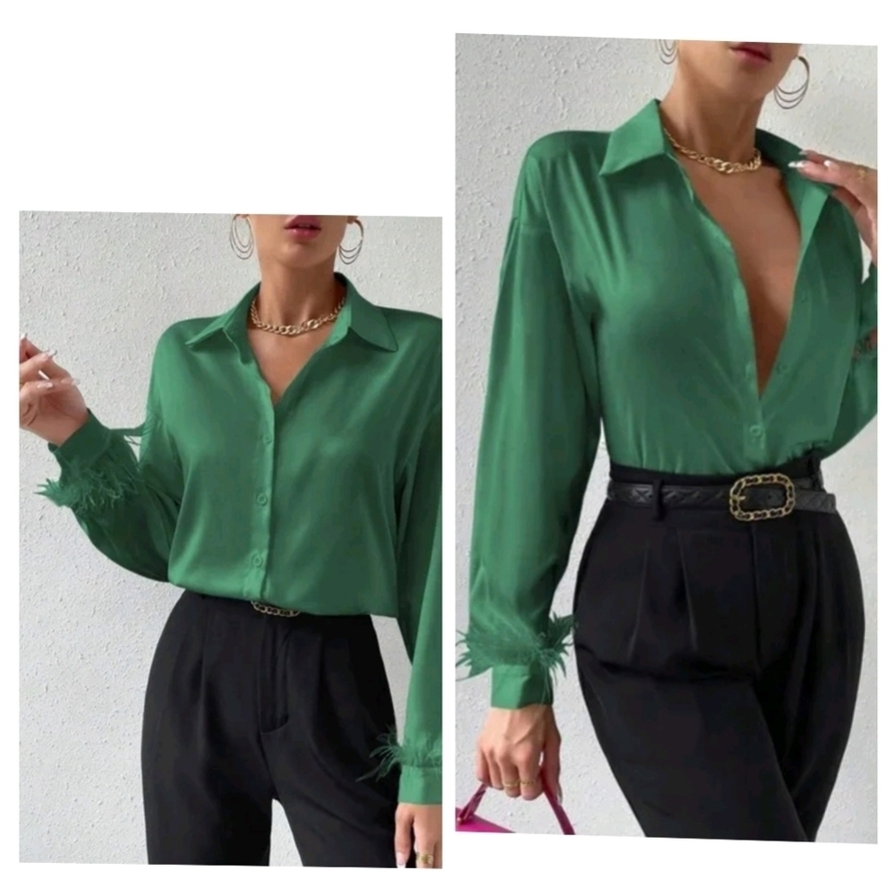 2542)L.I.F.E Love Is For Eternity Green Silky Button Down Faux Feather Top Sz L